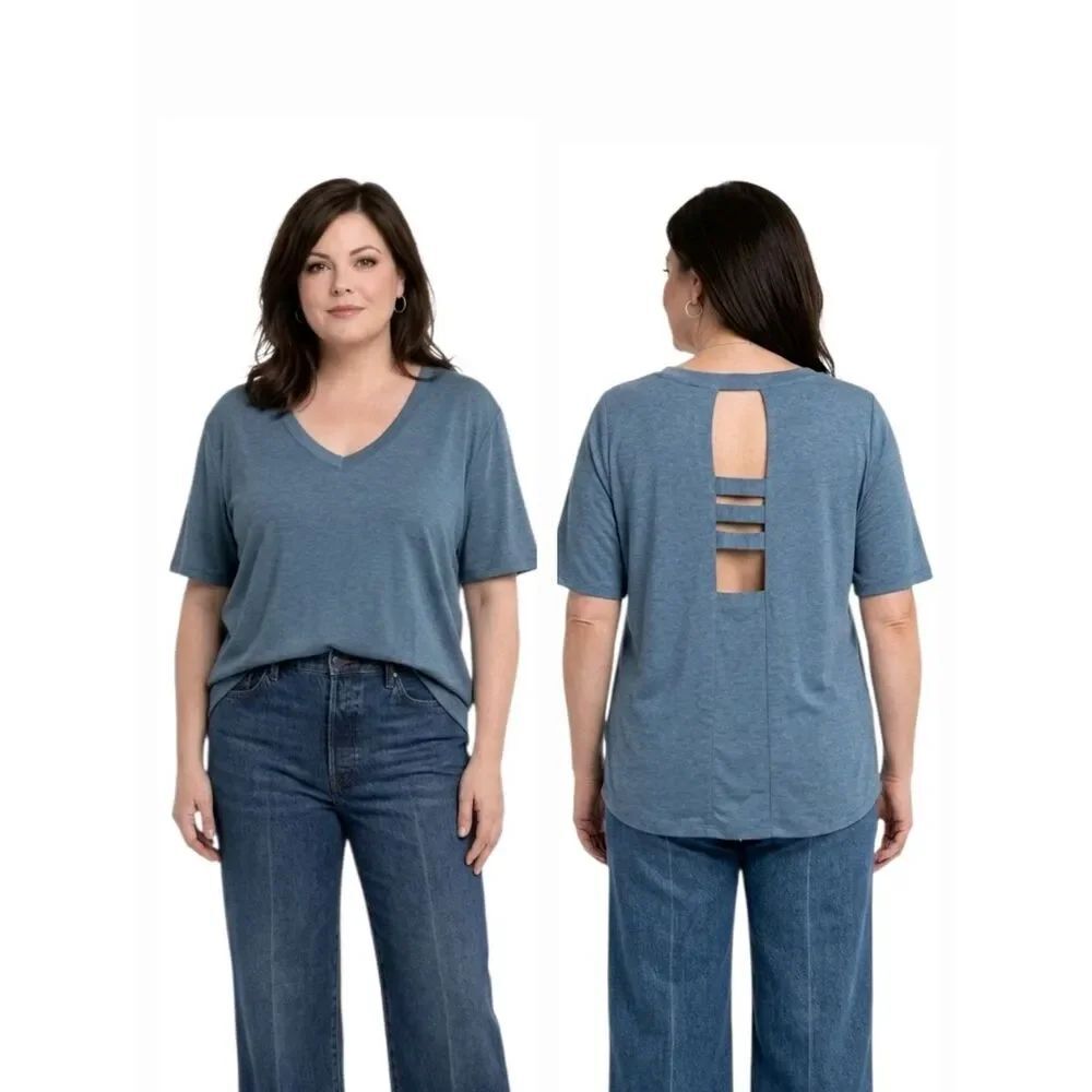 Ahh Dreams Heathered Blue Cut Out Back Lounge Wear V-neck Top